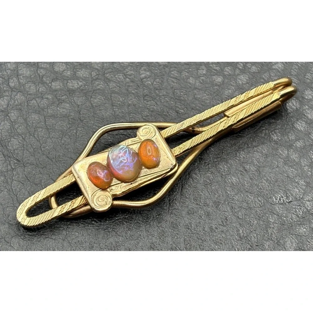 Vintage Dragon's Breath Cabochon Gold Plated Scroll Detail Tie Bar Clip Pin